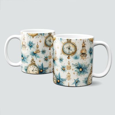Keramiktasse mit Weihnachtsmotiv-SteamPunk-Uhr-blaue Blüten