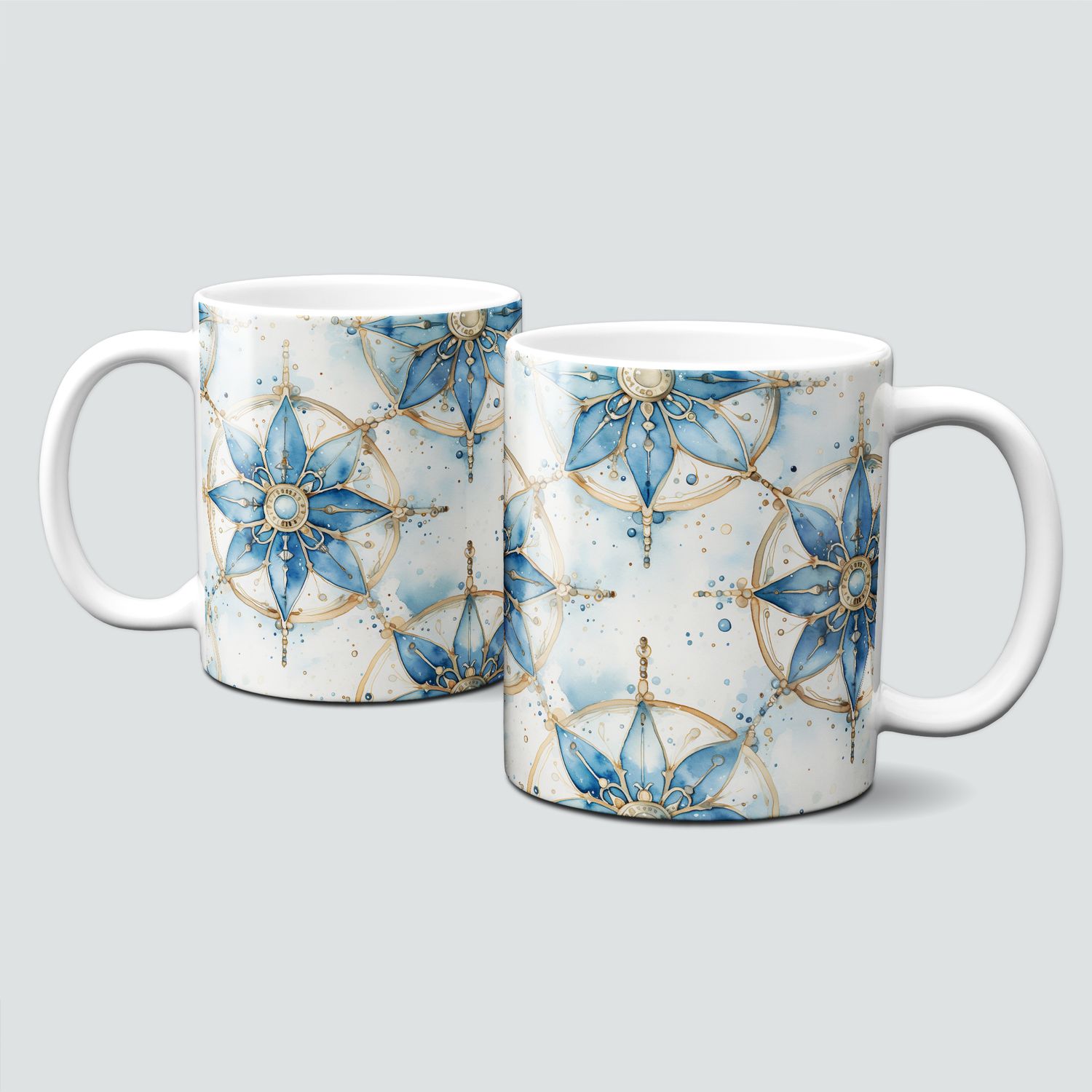 Keramiktasse mit Weihnachtsmotiv-SteamPunk-Schneeflocken-blau