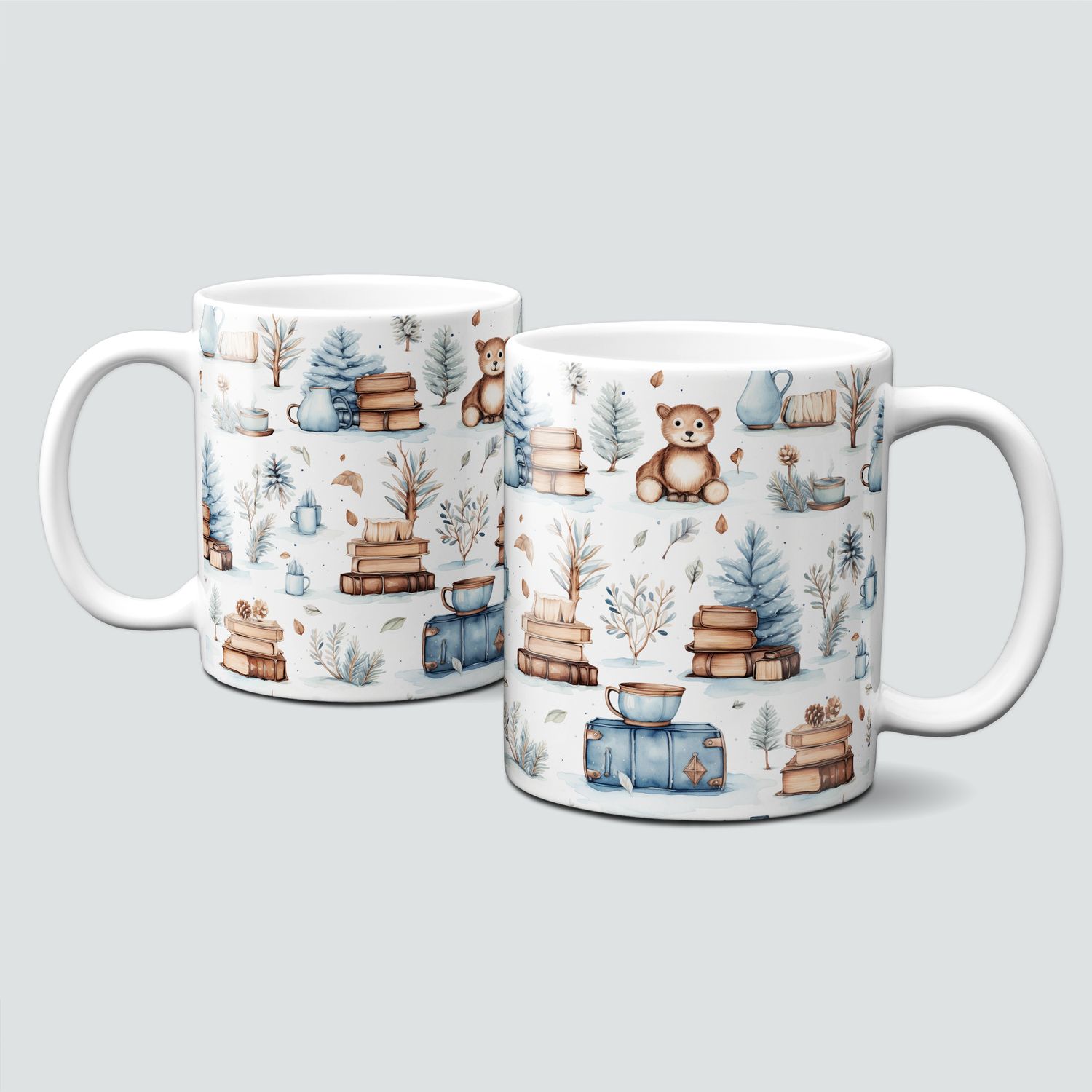 Keramiktasse mit Weihnachtsmotiv-Winter-Bücher-lesen-Tee-Kakao-Kaffee