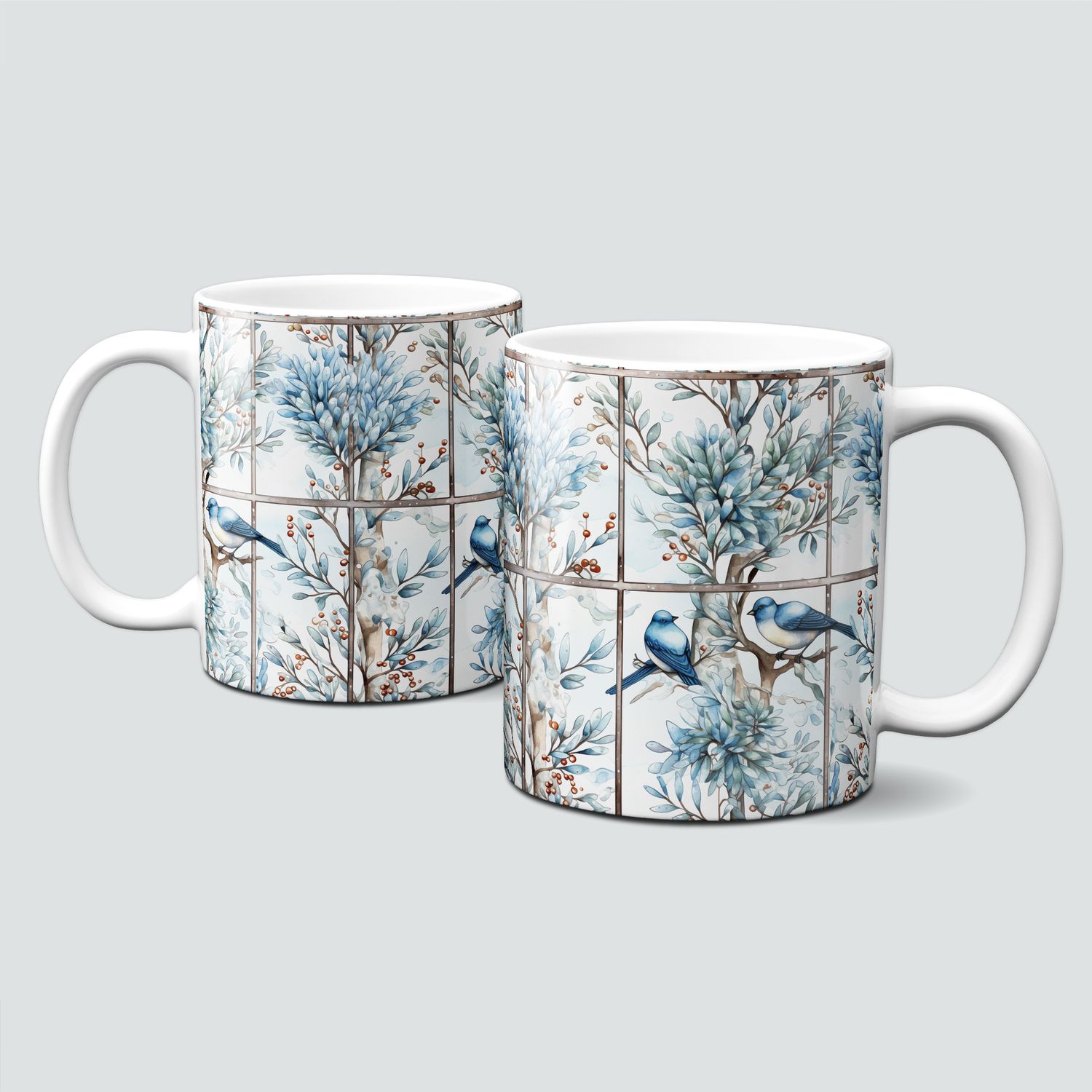 Keramiktasse mit Weihnachtsmotiv-Winter-Fenster-Ausblick-Baum-Vögel