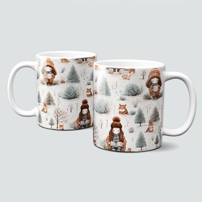 Keramiktasse mit Weihnachtsmotiv-Winter-Bücher-lesen-Tee-Kakao-Kaffee-Mädchen