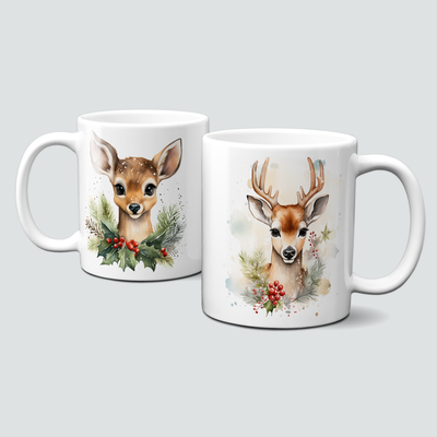 Keramiktasse mit Weihnachtsmotiv-Tiermotiv-Rentier-Wintertier-Zweige