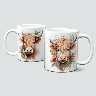 Keramiktasse mit Weihnachtsmotiv-Tiermotive-Kuh-Hochlandrind-Hörner