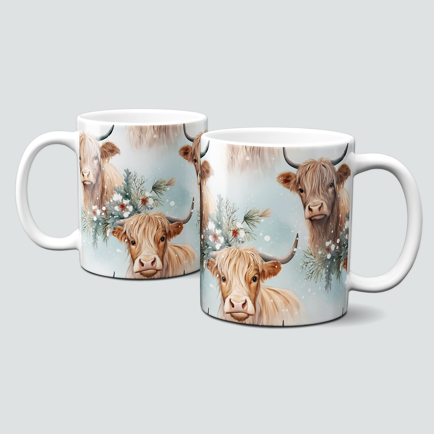 Keramiktasse mit Weihnachtsmotiv-Tiermotive-Kuh-Hochlandrind-Muster-blau