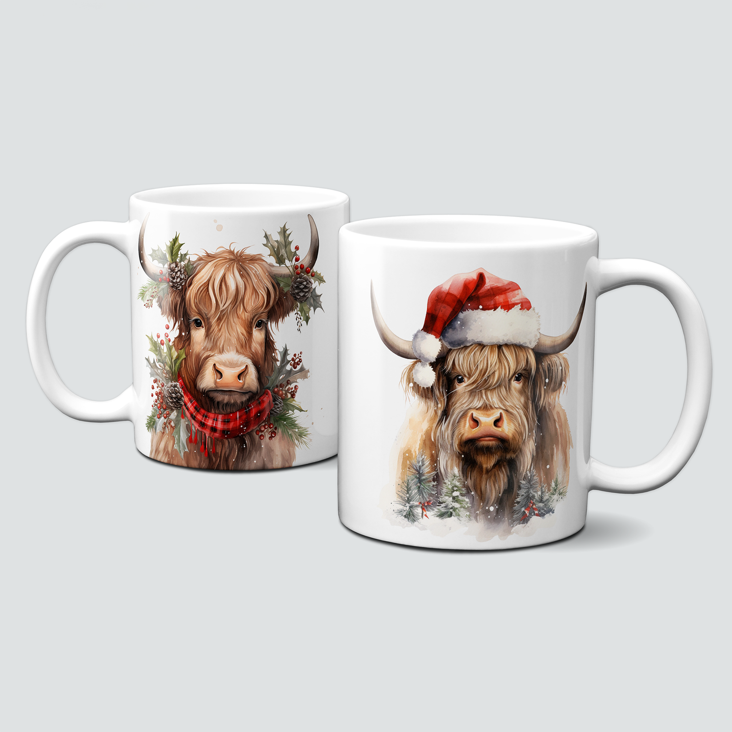 Keramiktasse mit Weihnachtsmotiv-Tiermotive-Kuh-Hochlandrind-Mütze
