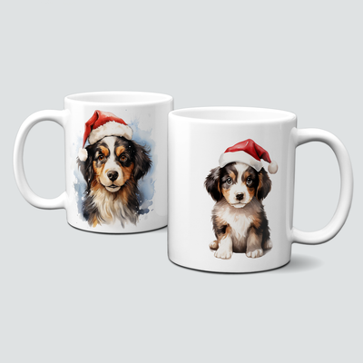 Keramiktasse mit Weihnachtsmotiv-Tiermotive-Hund-Mütze-Welpe