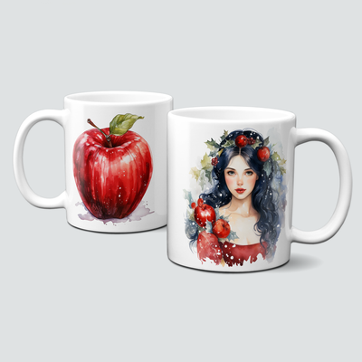 Keramiktasse mit Weihnachtsmotiv-Märchen-Apfel-giftig-Frau-Prinzessin Keramiktasse mit Weihnachtsmotiv-Märchen-Apfel-giftig-Frau-Prinzessin