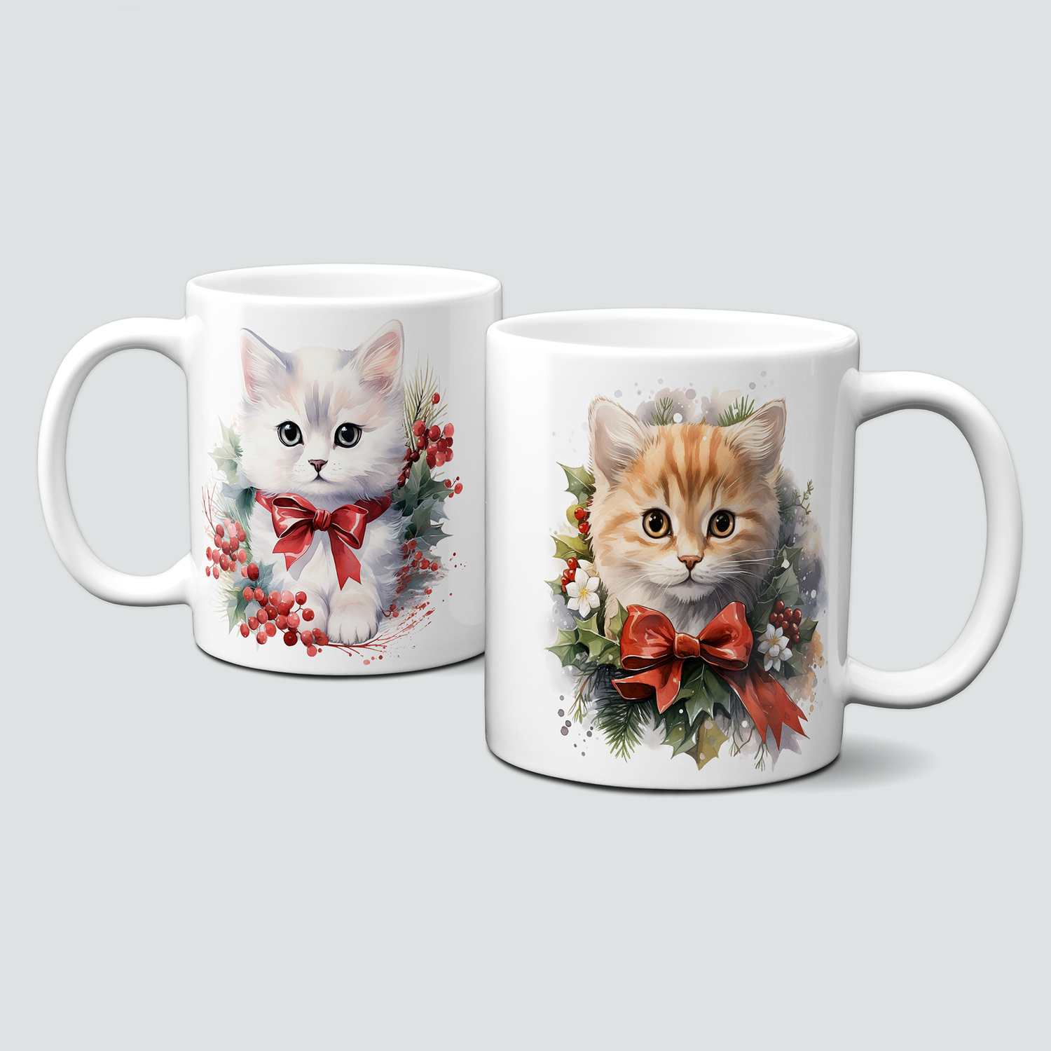 Keramiktasse mit Weihnachtsmotiv-Tiermotive-Katzen-Babykitten-Kitten-Masche