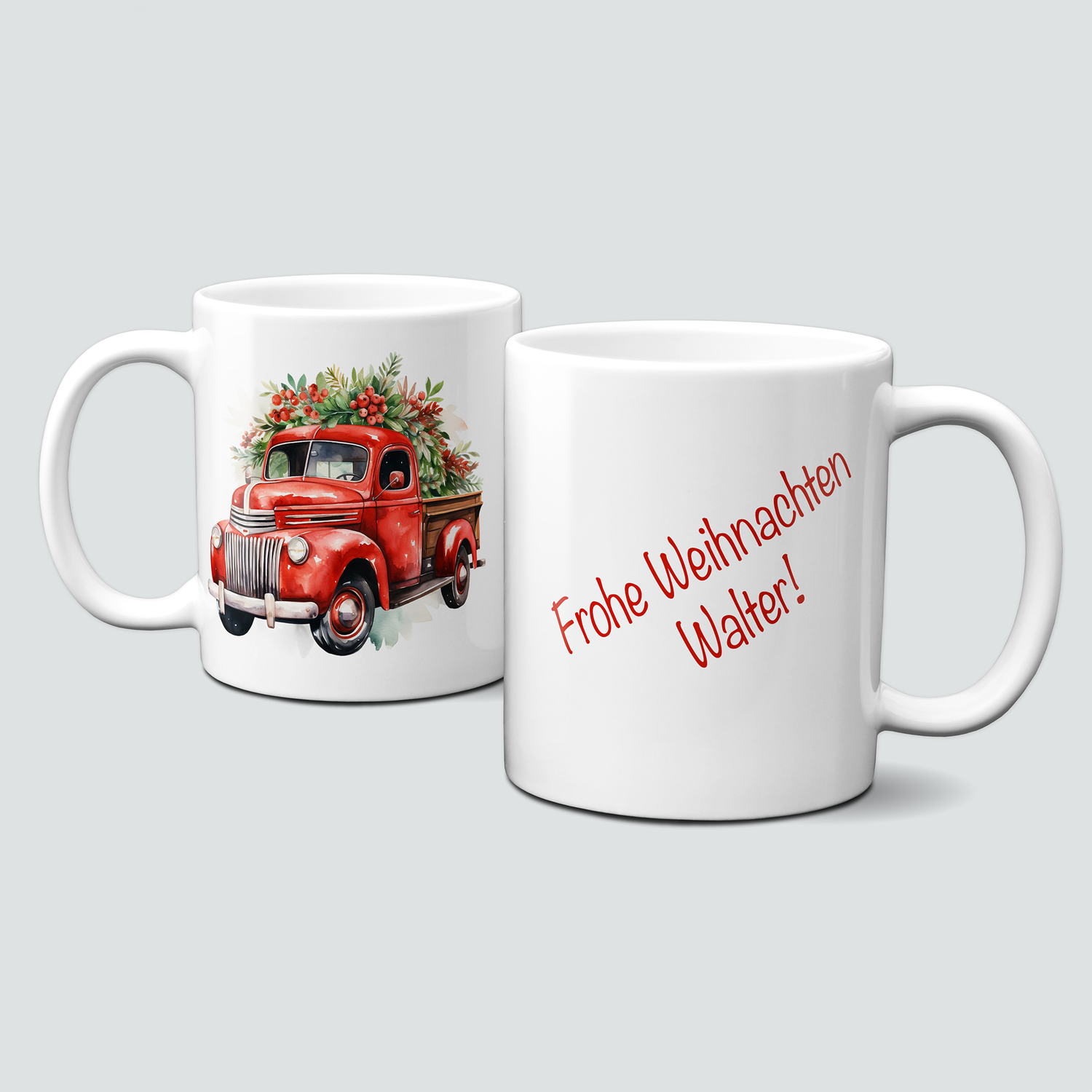 Keramiktasse mit Weihnachtsmotiv-Truck-Auto-Fahrzeug-Frohe Weihnachten-Personalisierbar