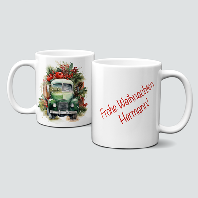 Keramiktasse mit Weihnachtsmotiv-Truck-Auto-Fahrzeug-Frohe Weihnachten-Personalisierbar-grĂŒn Keramiktasse mit Weihnachtsmotiv-Truck-Auto-Fahrzeug-Frohe Weihnachten-Personalisierbar-grĂŒn
