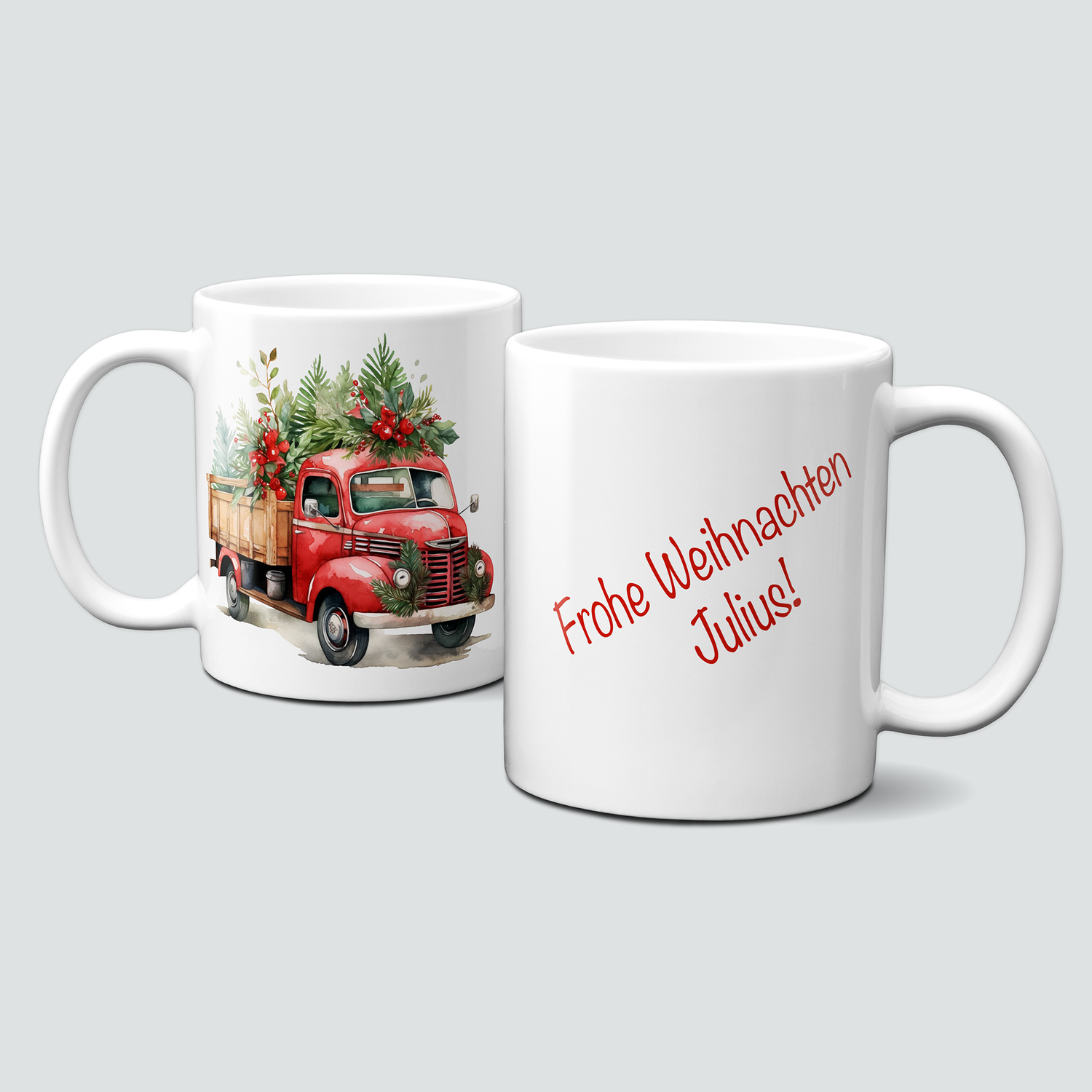 Keramiktasse mit Weihnachtsmotiv-Truck-Auto-Fahrzeug-Frohe Weihnachten-Personalisierbar-rot