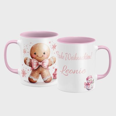 Keramiktasse mit Weihnachtsmotiv-PinkChristmas-Lebkuchenmännchen-Personalisierbar-rosa