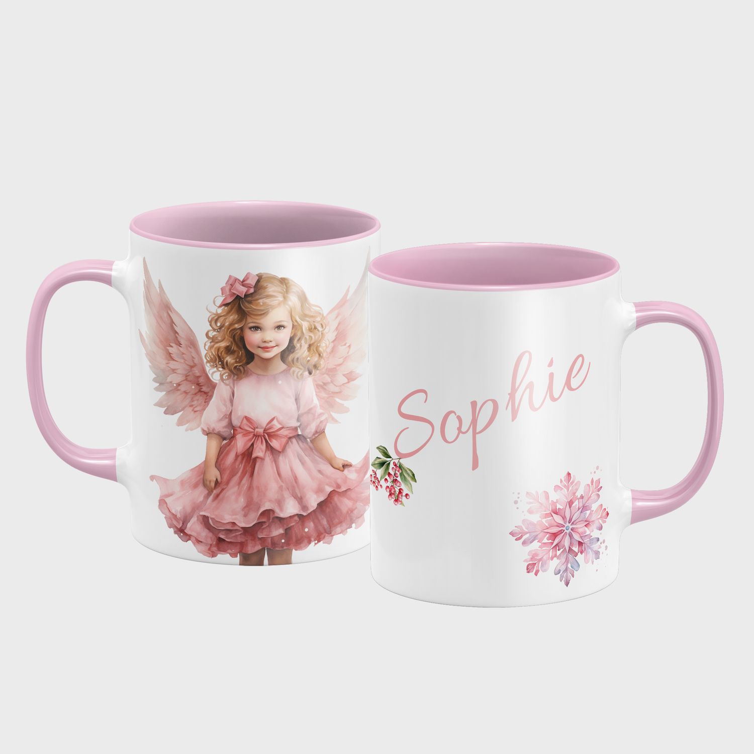 Keramiktasse mit Weihnachtsmotiv-PinkChristmas-Engel-Personalisierbar-rosa