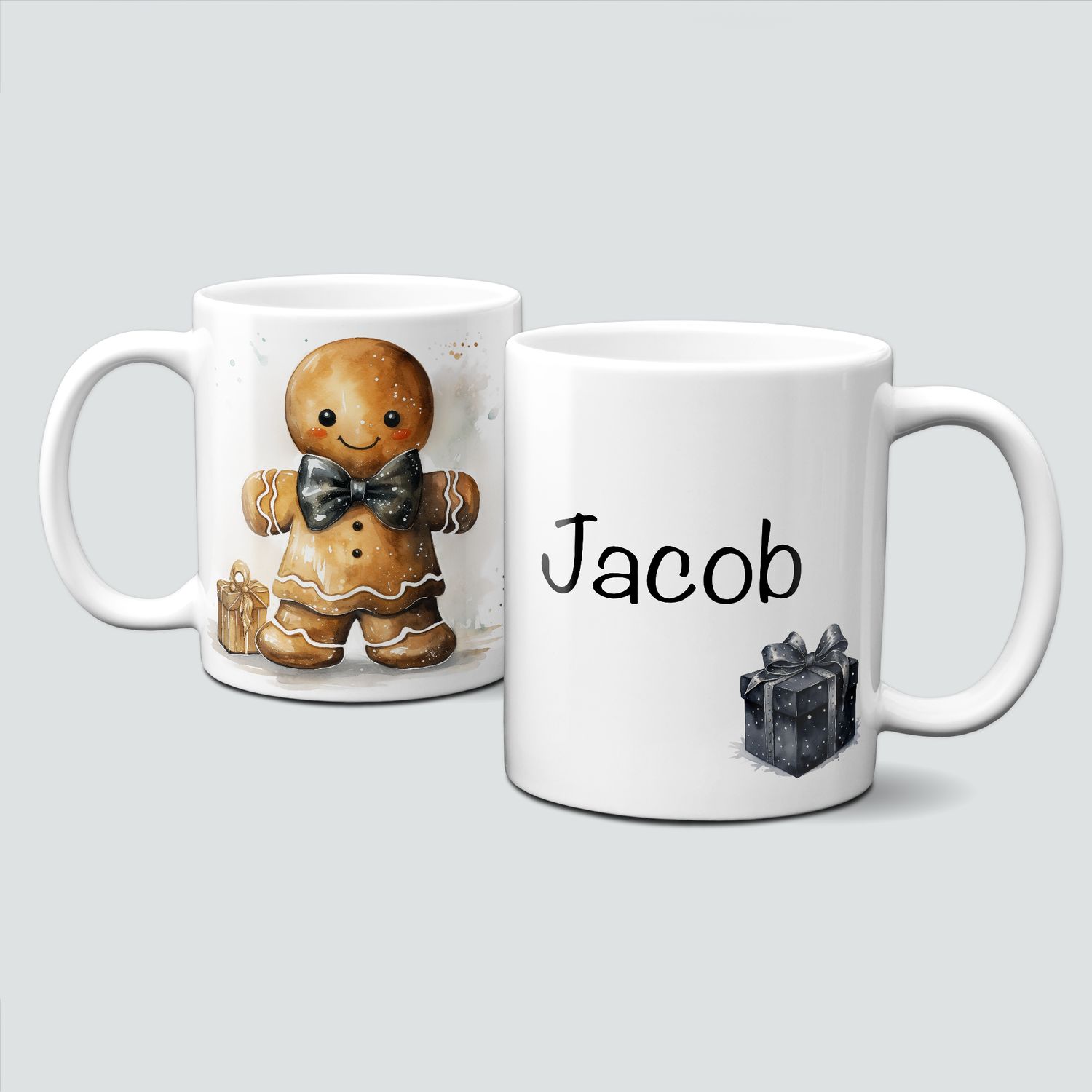 Keramiktasse mit Weihnachtsmotiv-Lebkuchenmann-schwarze Masche-Personalisiserbar