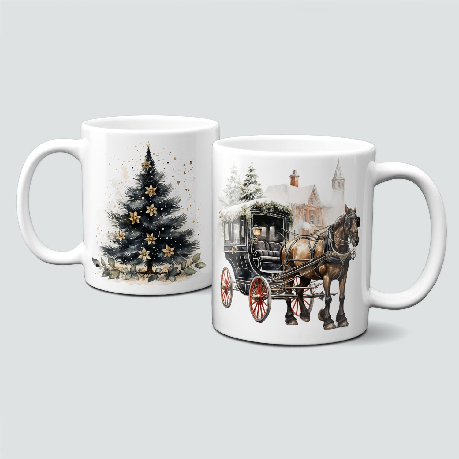 Keramiktasse mit Weihnachtsmotiv-schwarzer Christbaum-Kutsche-Pferde