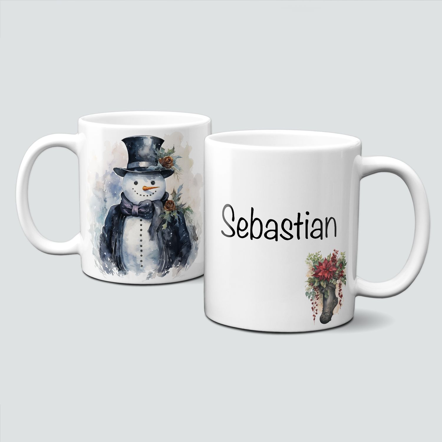 Keramiktasse mit Weihnachtsmotiv-schwarzer Schneemann-Hut-Schal-Personalisiserbar