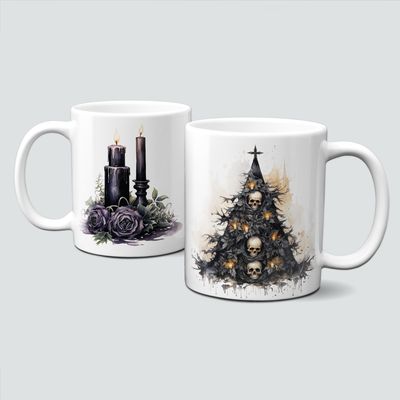 Keramiktasse mit Weihnachtsmotiv-schwarzer Christbaum-Gesteck mit Kerzen Keramiktasse mit Weihnachtsmotiv-schwarzer Christbaum-Gesteck mit Kerzen