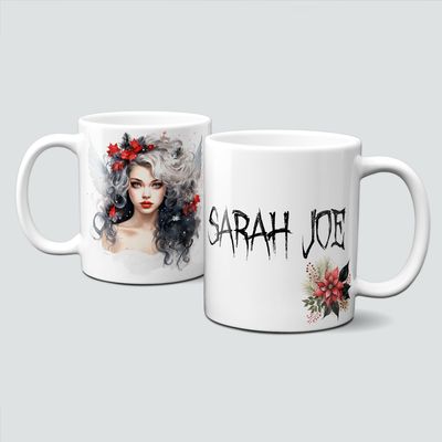 Keramiktasse mit Weihnachtsmotiv-Frau mit dunklen Haaren-Blume-Personalisierbar Keramiktasse mit Weihnachtsmotiv-Frau mit dunklen Haaren-Blume-Personalisierbar