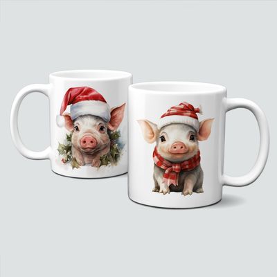 Keramiktasse mit Weihnachtsmotiv-Tiermotiv-Schweinchen mit Weihnachtsmütze Keramiktasse mit Weihnachtsmotiv-Tiermotiv-Schweinchen mit Weihnachtsmütze