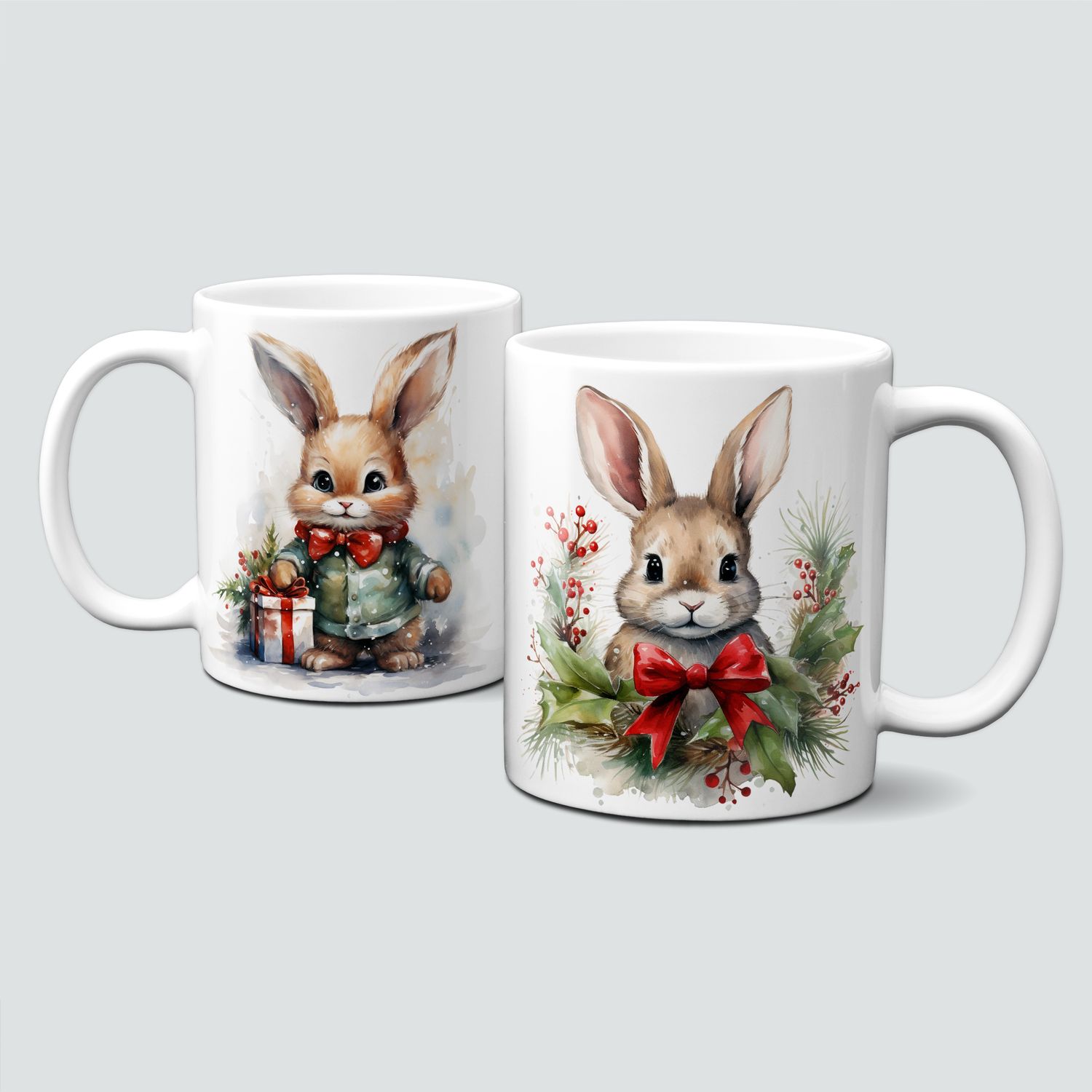Keramiktasse mit Weihnachtsmotiv-Tiermotiv-Hase mit Geschenken