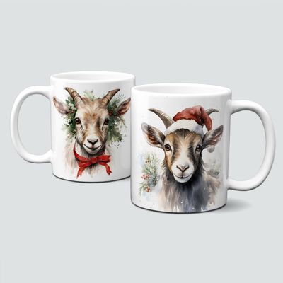 Keramiktasse mit Weihnachtsmotiv-Tiermotiv-Ziege mit Weihnachtsmütze Keramiktasse mit Weihnachtsmotiv-Tiermotiv-Ziege mit Weihnachtsmütze