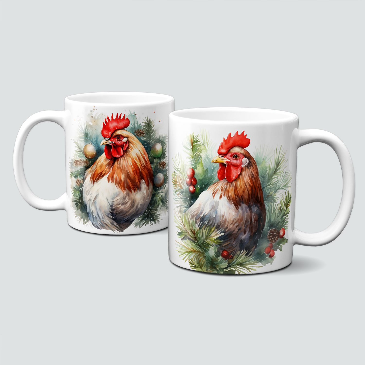 Keramiktasse mit Weihnachtsmotiv-Tiermotiv-Hahn mit Zweigen