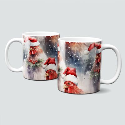 Keramiktasse mit Weihnachtsmotiv-Tiermotiv-Hahn mit Mütze-Muster
