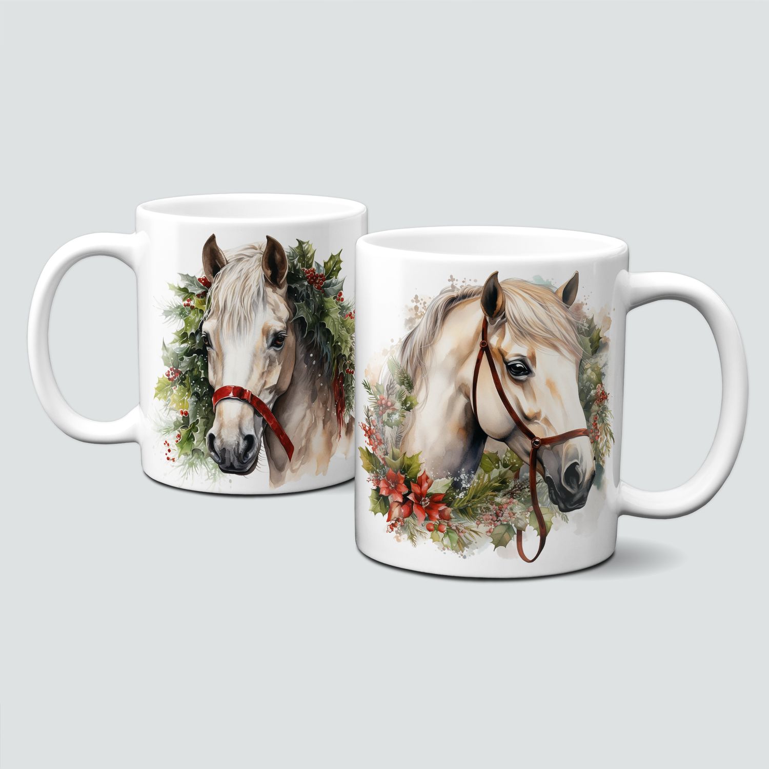 Keramiktasse mit Weihnachtsmotiv-Tiermotiv-Pferd mit Zweigen