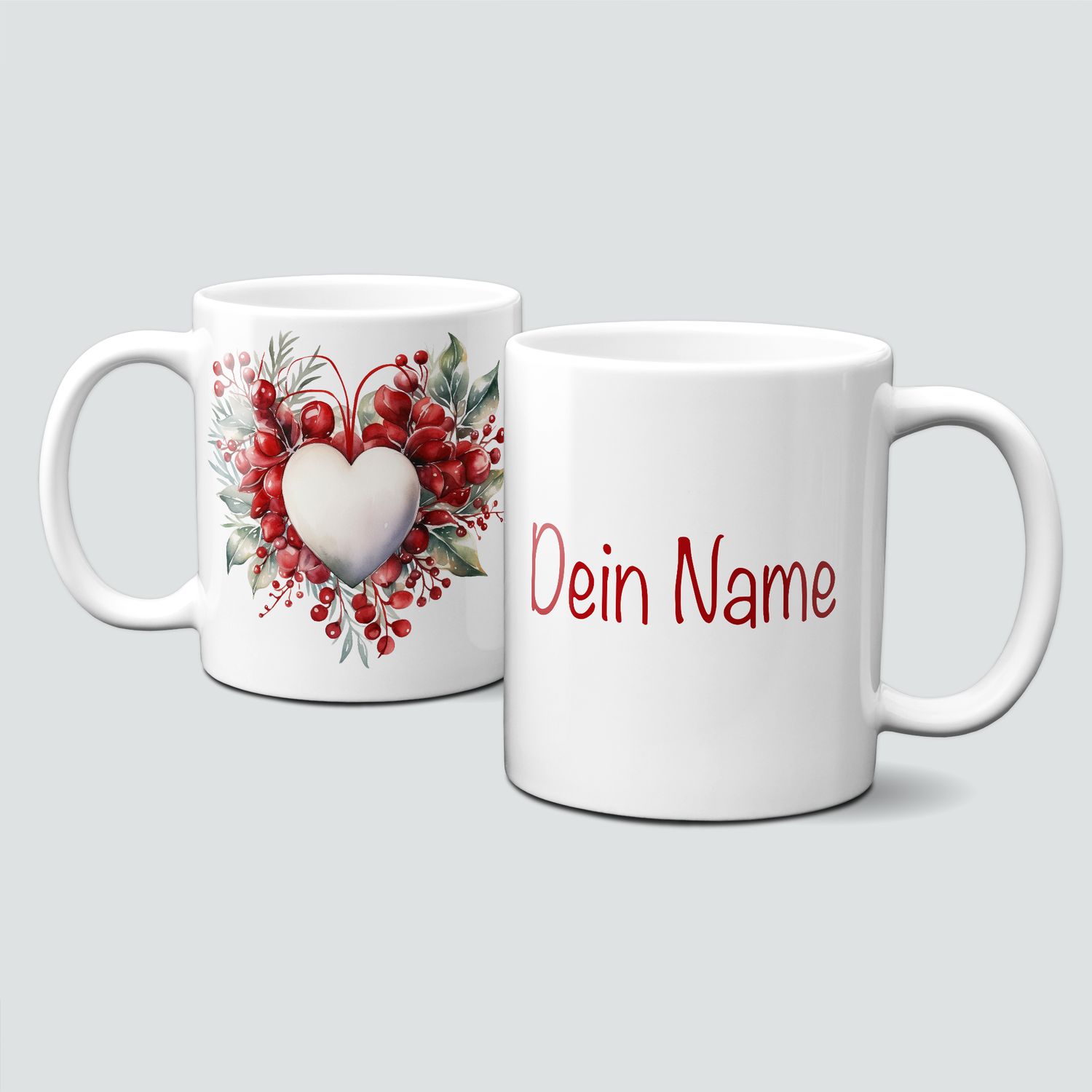 Keramiktasse mit Weihnachtsmotiv-Symbol-Herzkranz mit Beeren-Personalisierbar