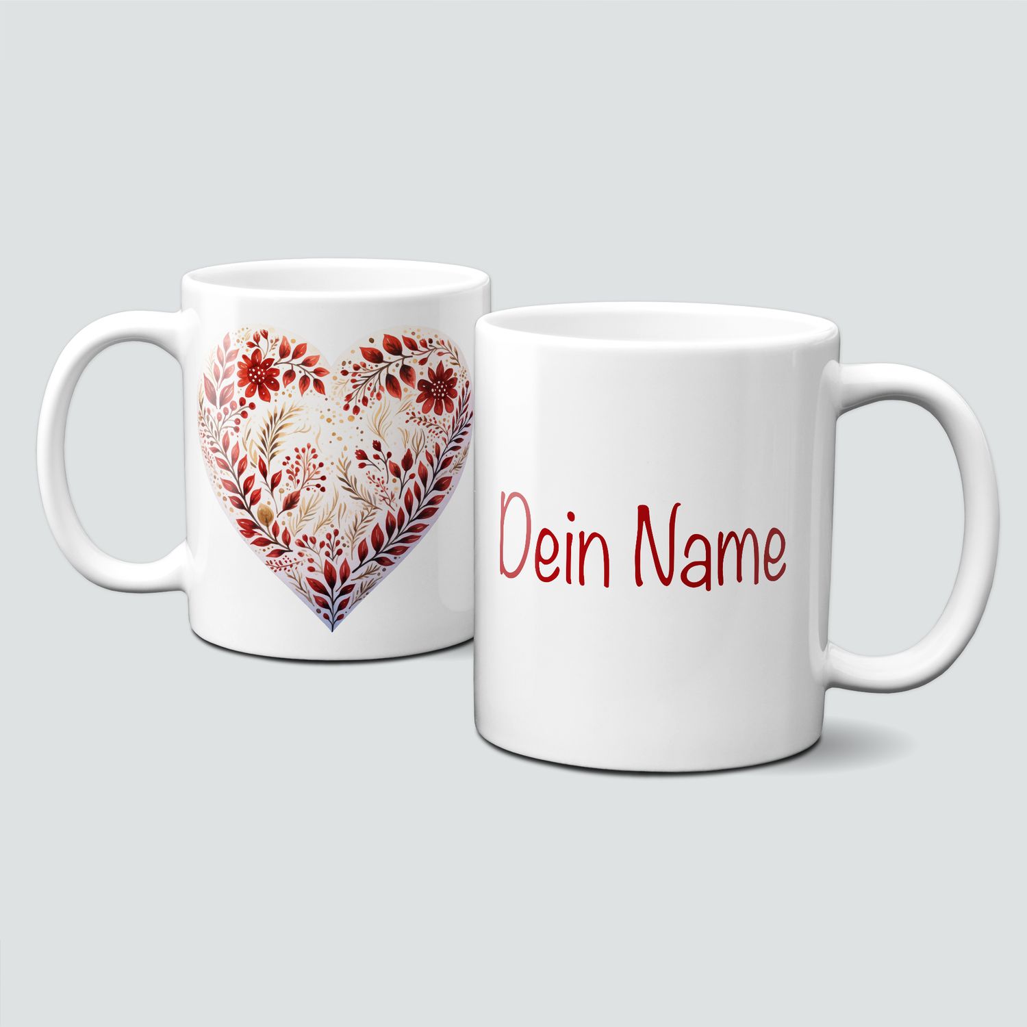 Keramiktasse mit Weihnachtsmotiv-Symbol-Herz mit Zweigen und Blüten-Personalisierbar