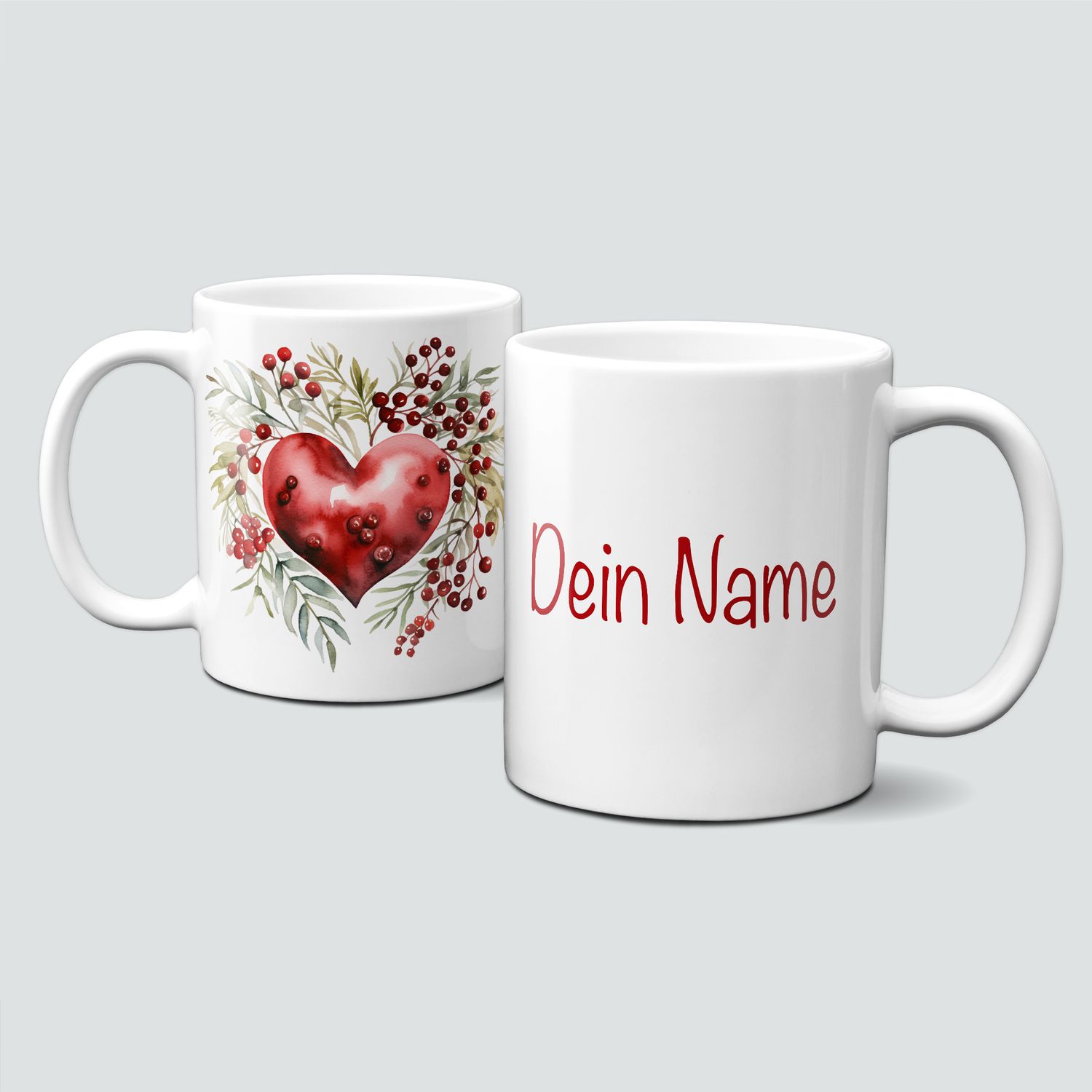 Keramiktasse mit Weihnachtsmotiv-Symbol-Herz mit Beeren-Personalisierbar