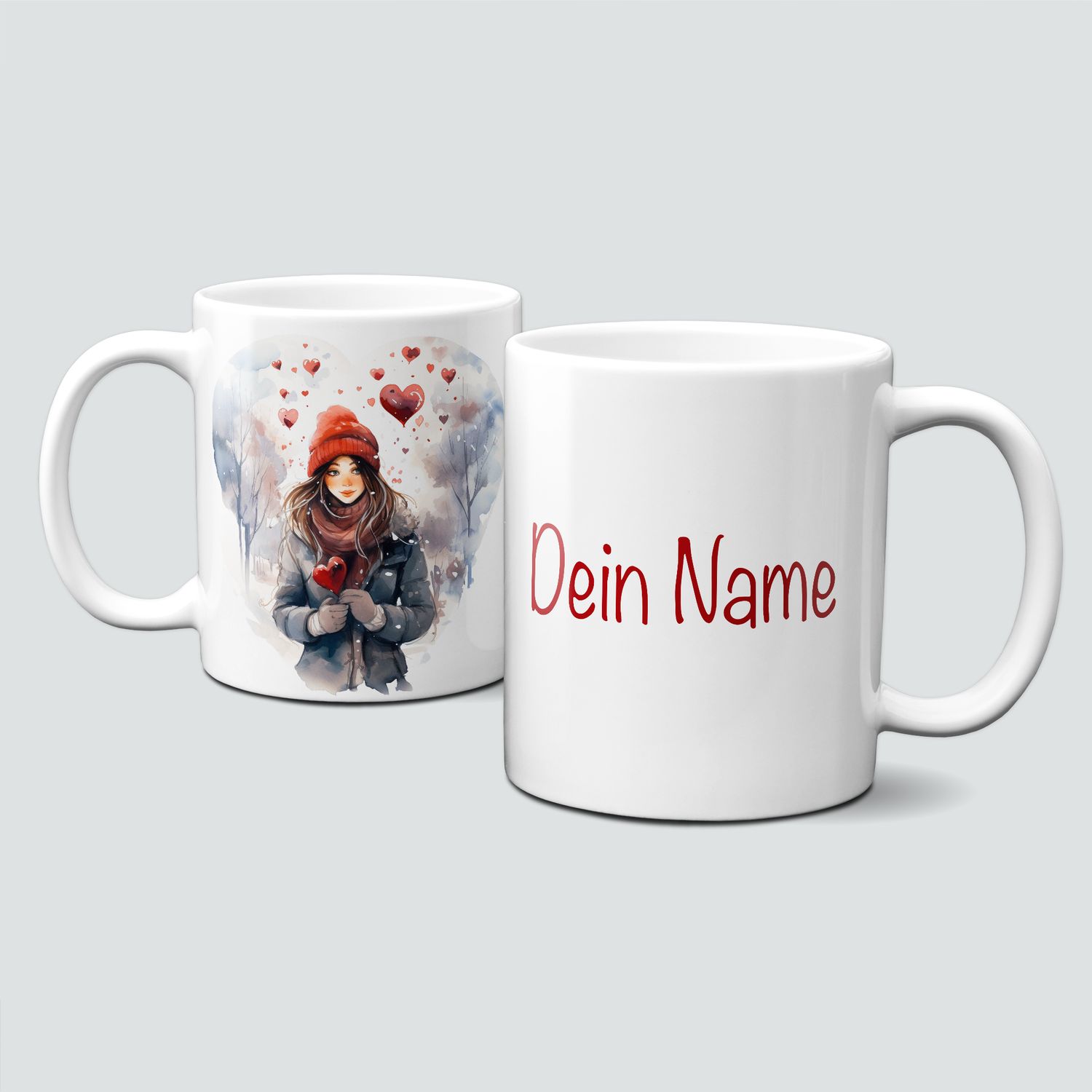 Keramiktasse mit Weihnachtsmotiv-Symbol-Frau mit Herzen-Personalisierbar