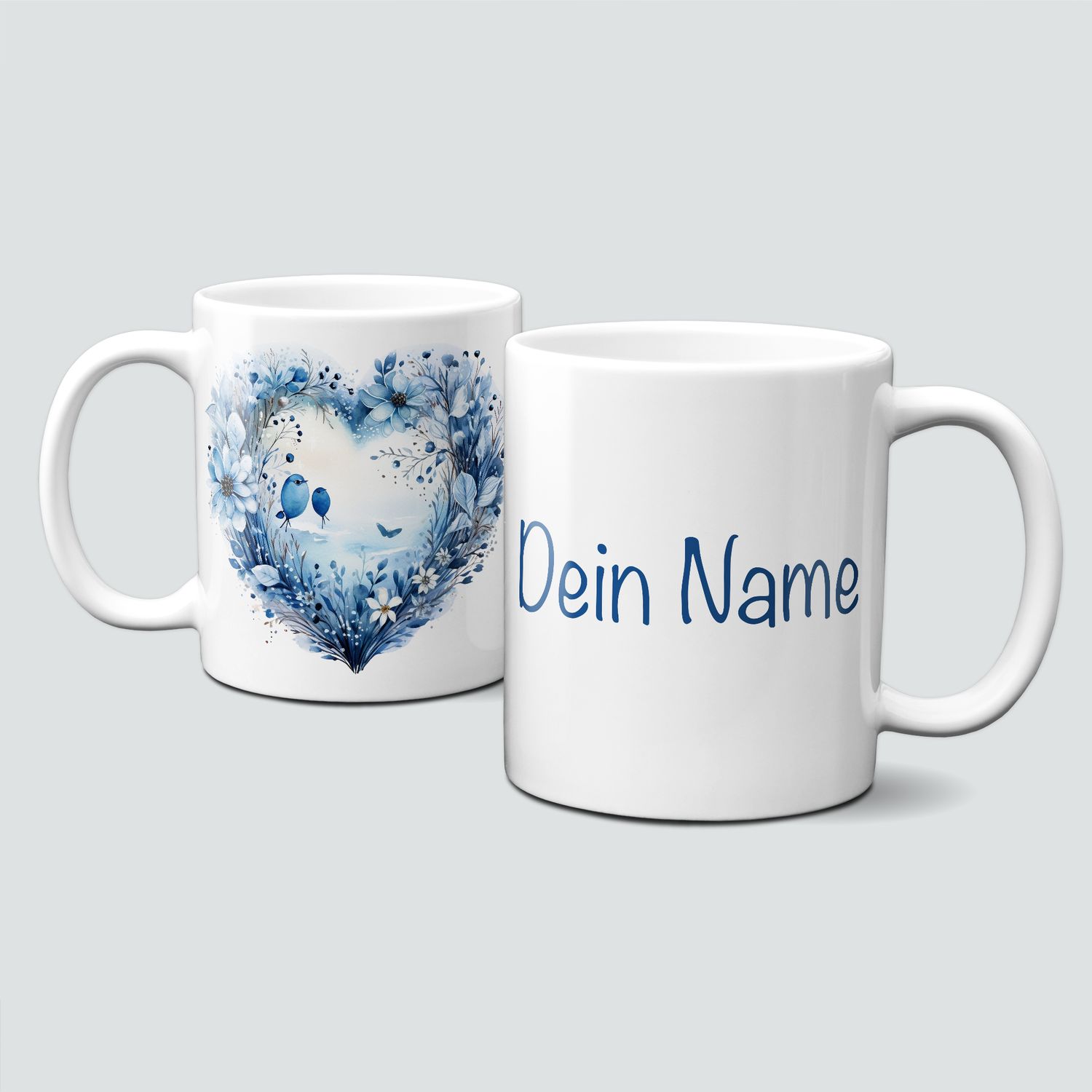 Keramiktasse mit Weihnachtsmotiv-Symbol-Herz-blau-Vögel-Personalisierbar