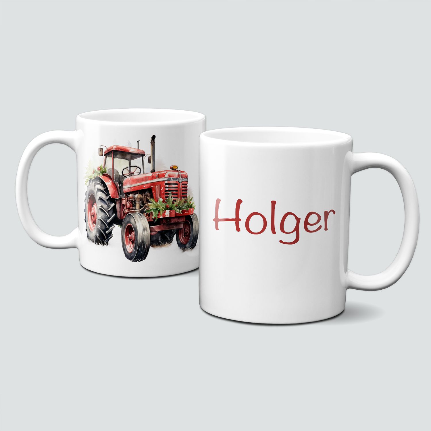 Keramiktasse mit Weihnachtsmotiv-Fahrzeug-Traktor-rot-Personalisierbar