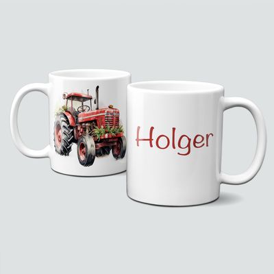 Keramiktasse mit Weihnachtsmotiv-Fahrzeug-Traktor-rot-Personalisierbar Keramiktasse mit Weihnachtsmotiv-Fahrzeug-Traktor-rot-Personalisierbar