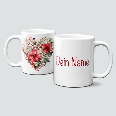Keramiktasse mit Weihnachtsmotiv-Symbol-Herz mit Blumen-Personalisierbar Keramiktasse mit Weihnachtsmotiv-Symbol-Herz mit Blumen-Personalisierbar