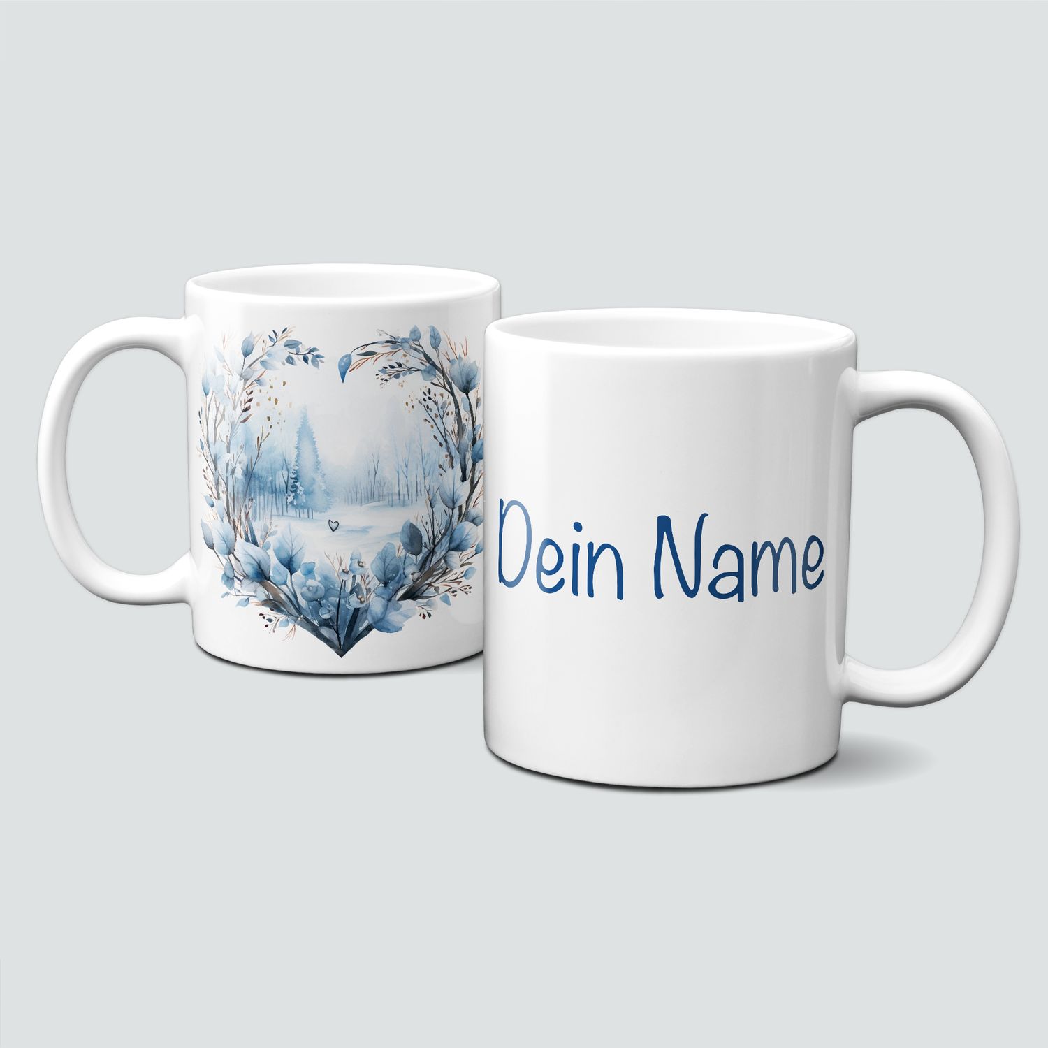 Keramiktasse mit Weihnachtsmotiv-Symbol-Herz-blau-Landschaft-Personalisierbar