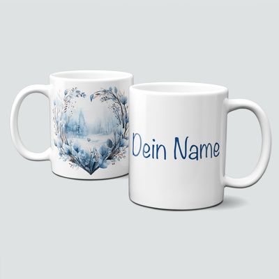 Keramiktasse mit Weihnachtsmotiv-Symbol-Herz-blau-Landschaft-Personalisierbar