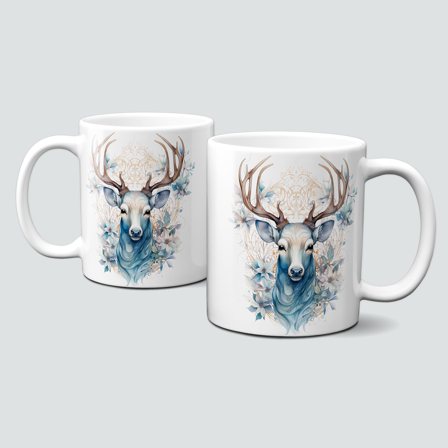Keramiktasse mit Weihnachtsmotiv-Tiermotiv-Hirsch mit Geweih-blau/weiß