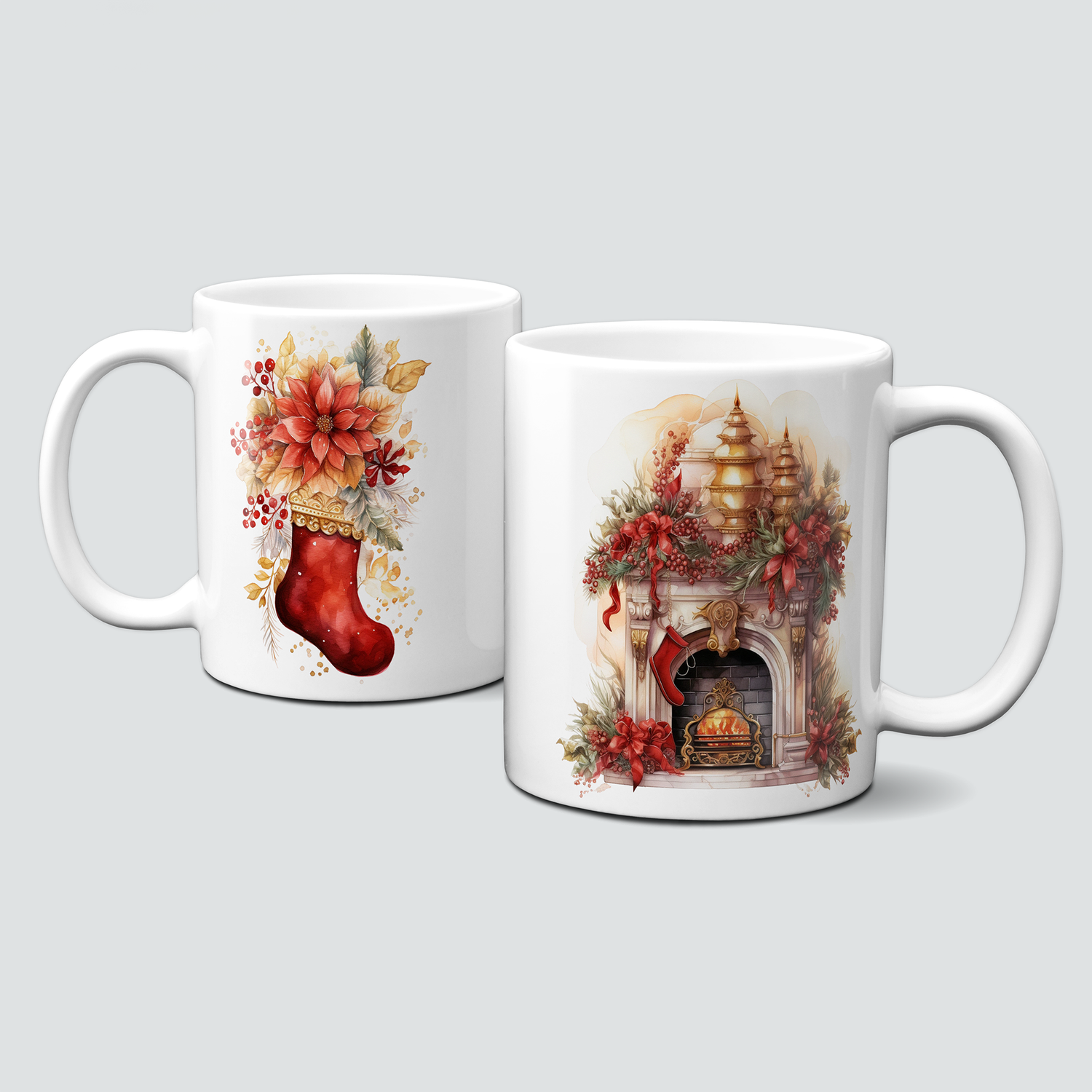 Keramiktasse mit Weihnachtsmotiv-Boho Winter-Socke-Kamin