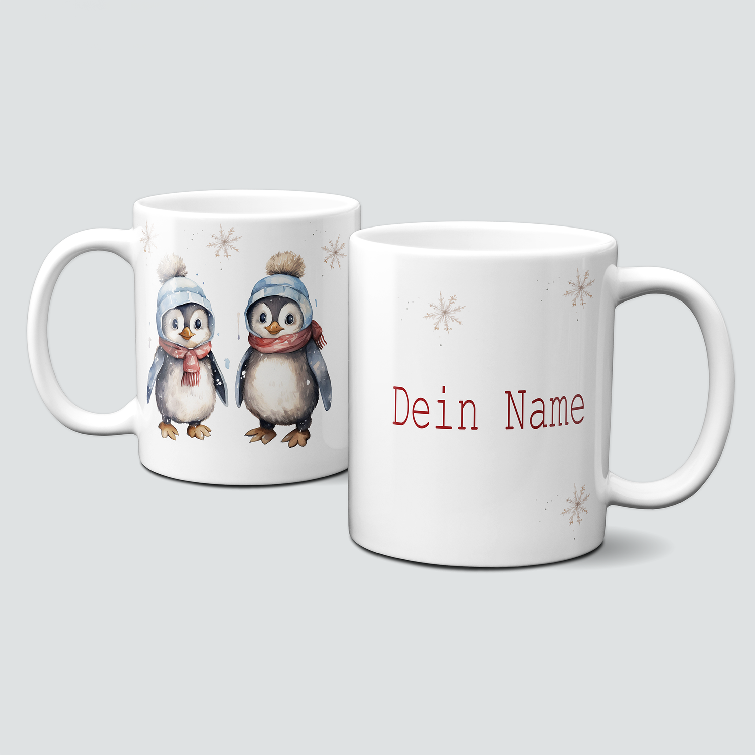Keramiktasse mit Weihnachtsmotiv-Wintertiere-Pinguine mit Hauben