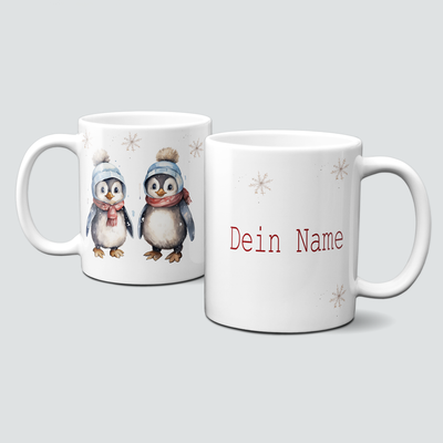 Keramiktasse mit Weihnachtsmotiv-Wintertiere-Pinguine mit Hauben