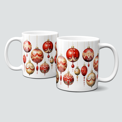 Keramiktasse mit Weihnachtsmotiv-Boho Winter-Kugeln-rot-Muster