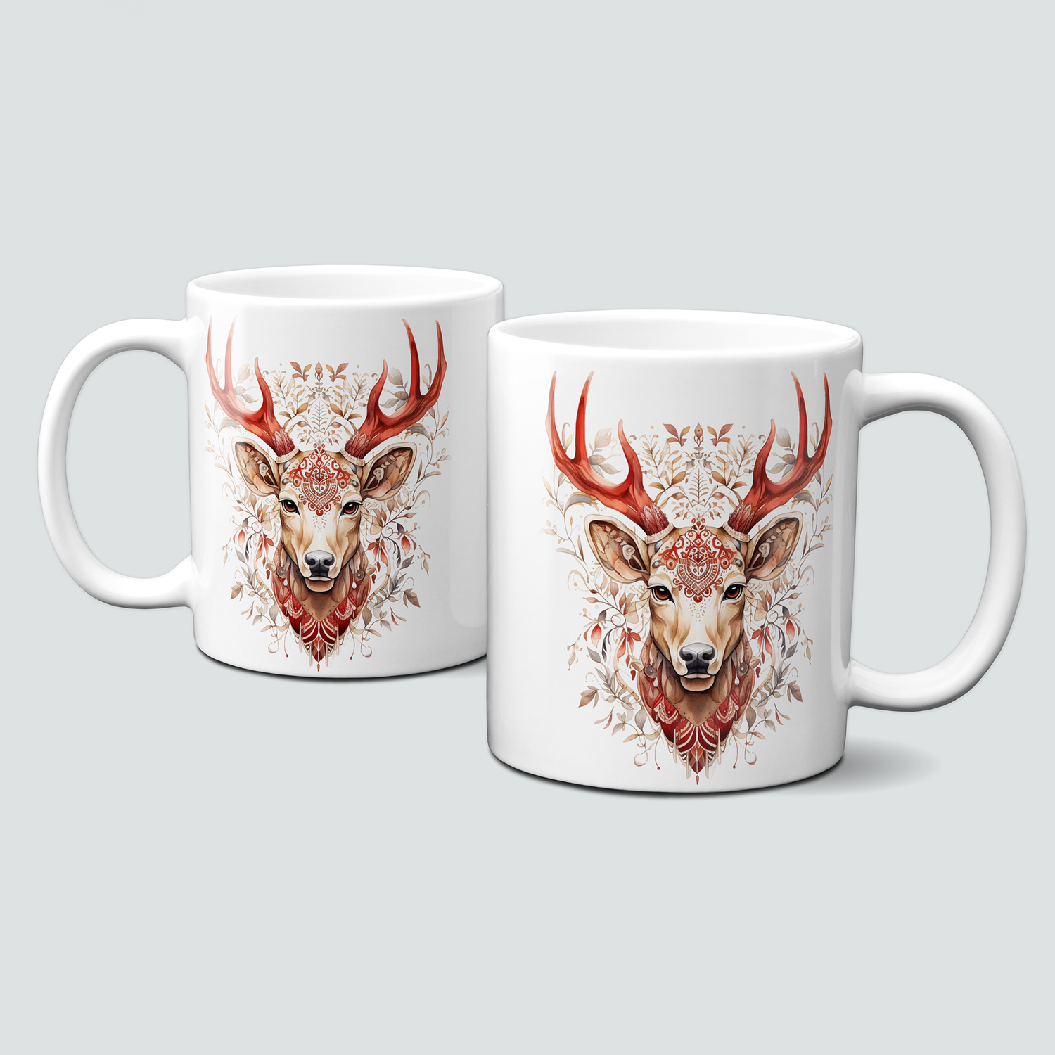 Keramiktasse mit Weihnachtsmotiv-Boho Winter-Hirsch-rot