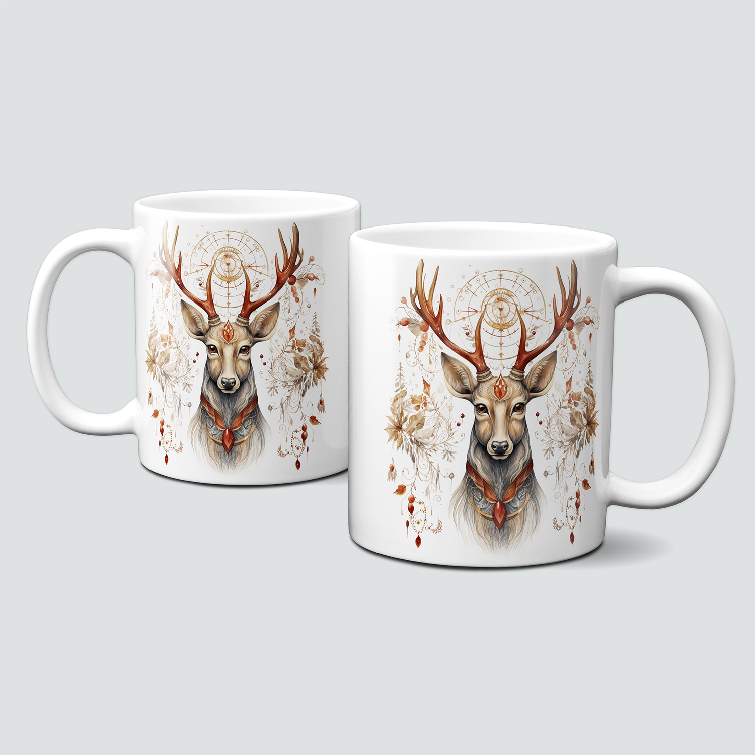 Keramiktasse mit Weihnachtsmotiv-Boho Winter-Hirsch-braun