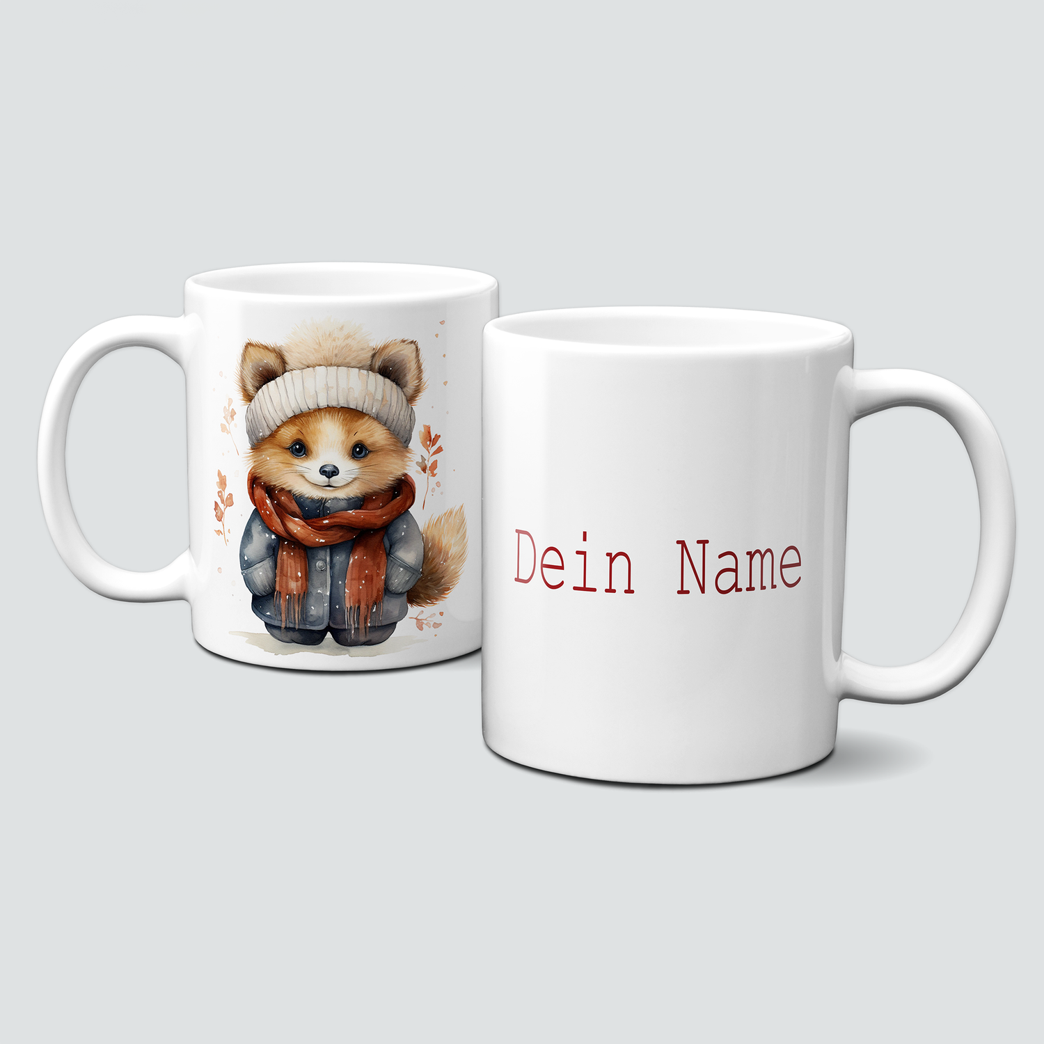 Keramiktasse mit Weihnachtsmotiv-Wintertiere-Fuchs mit Mantel
