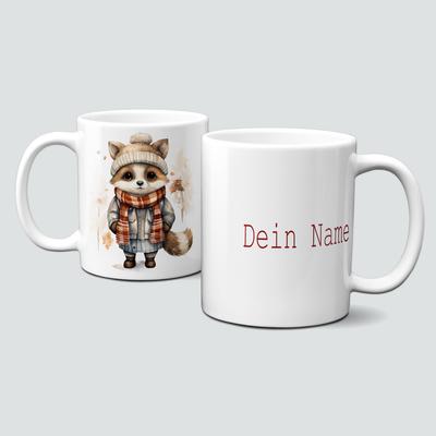 Keramiktasse mit Weihnachtsmotiv-Wintertiere-Waschbär mit Hauben Keramiktasse mit Weihnachtsmotiv-Wintertiere-Waschbär mit Hauben
