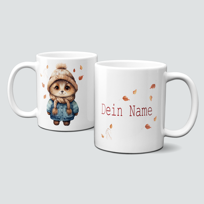 Keramiktasse mit Weihnachtsmotiv-Wintertiere-Hund mit Hauben Keramiktasse mit Weihnachtsmotiv-Wintertiere-Hund mit Hauben