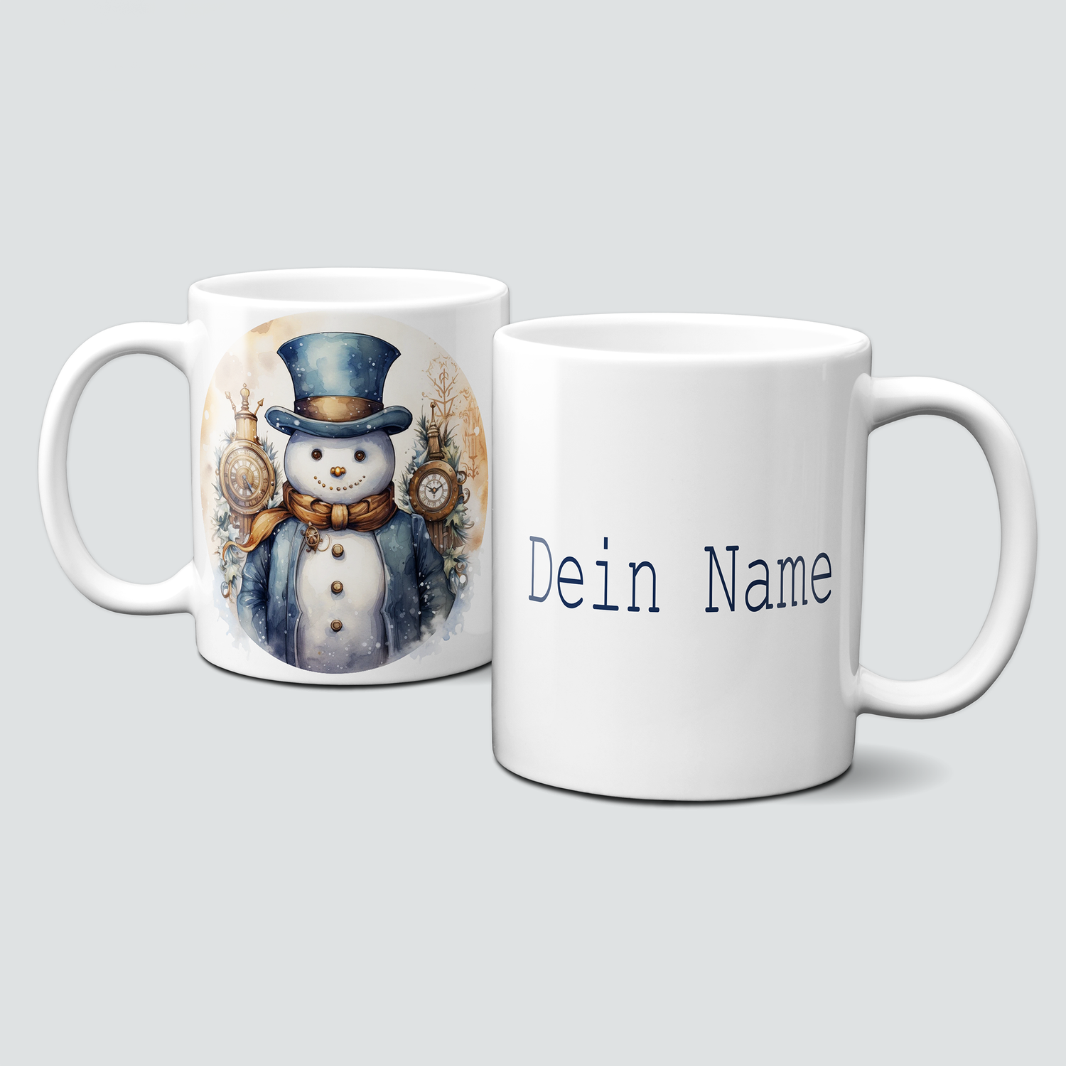 Keramiktasse mit Weihnachtsmotiv-Schneemann-Zylinder-Personalisierbar