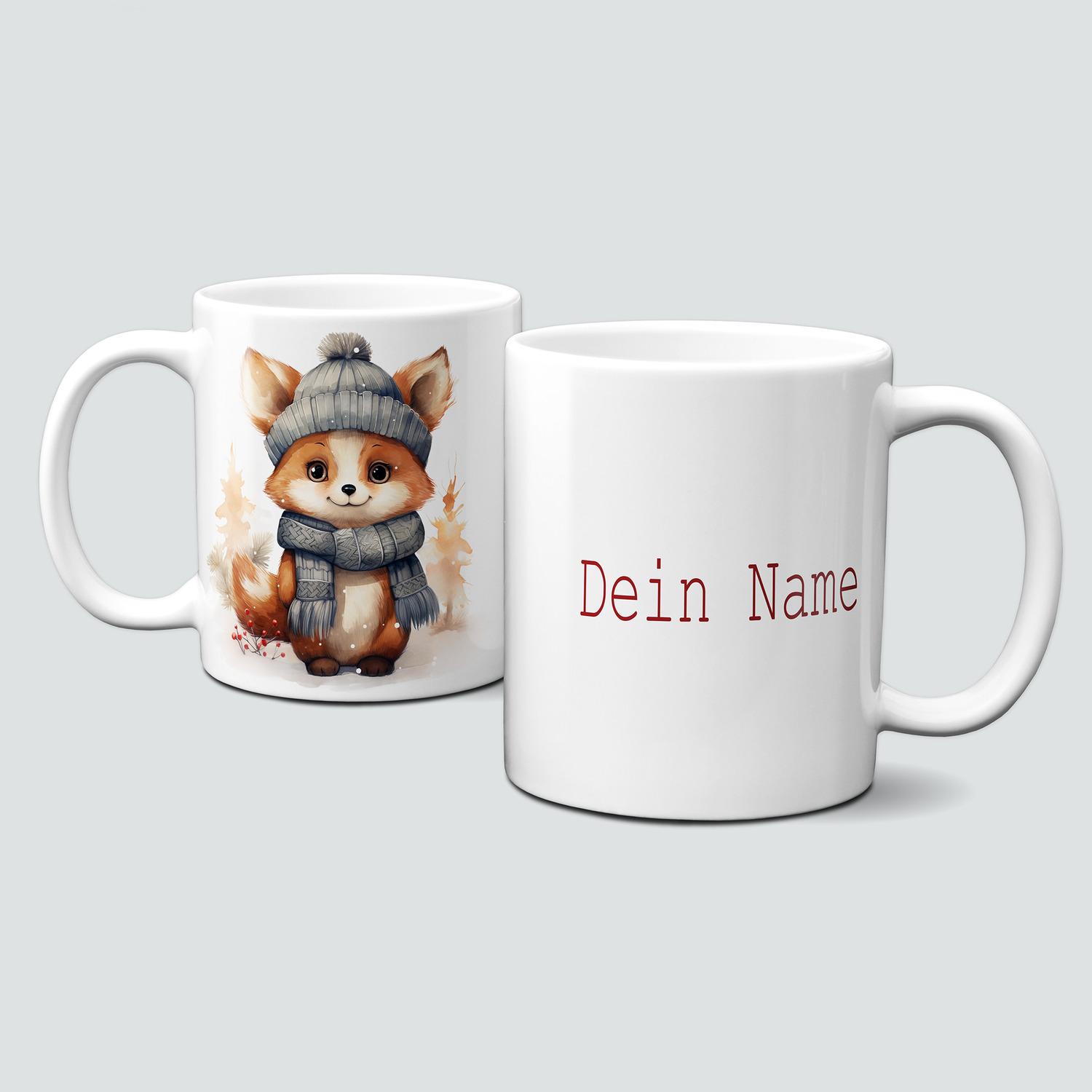 Keramiktasse mit Weihnachtsmotiv-Wintertiere-Fuchs mit Hauben